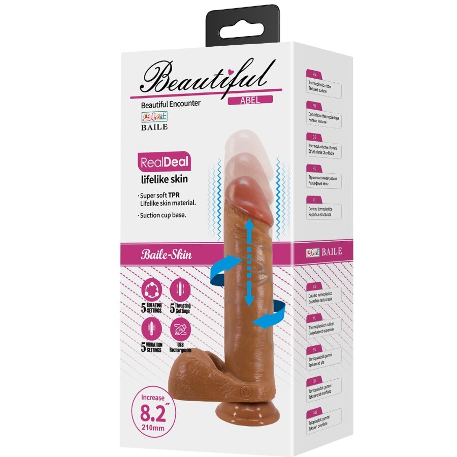 Close-up do Dildo Realista Vibratório BAILE Abel 21 CM, mostrando sua textura e detalhes realistas.