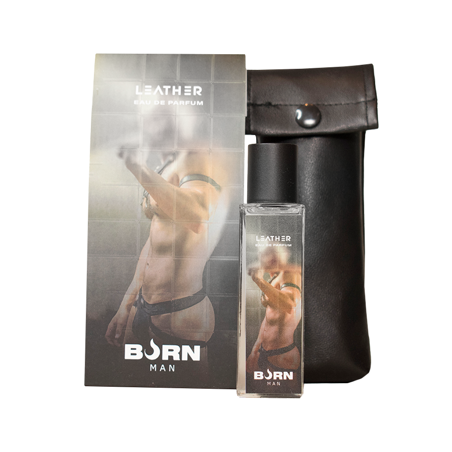 BURN Perfume Masculino de Couro 20 ML, mostrando o frasco elegante e a cor do líquido.