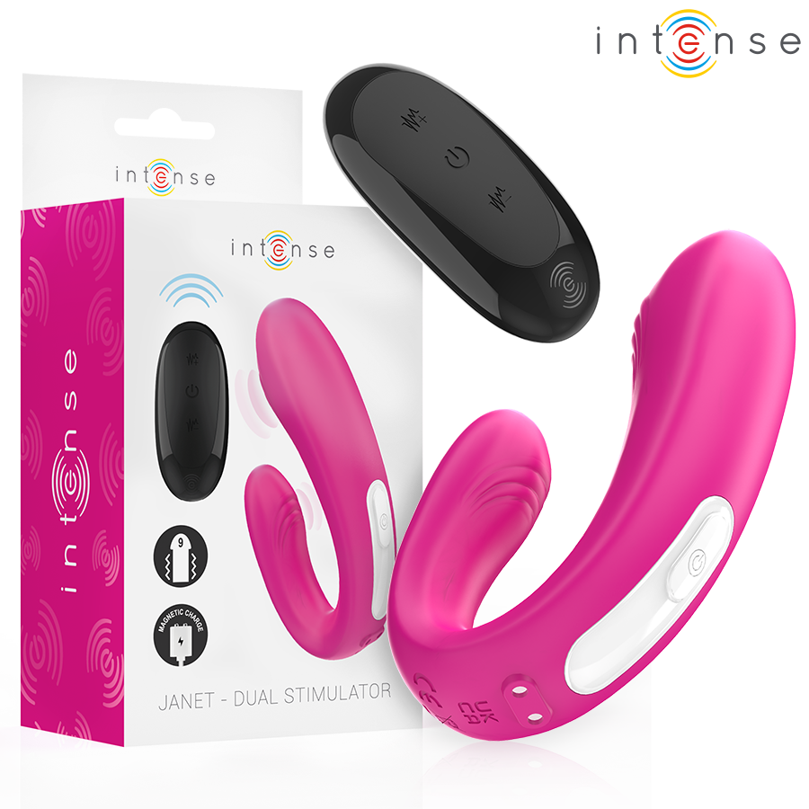 INTENSE Janet Dual Estimulador e Vibrador em U com Controle Remoto Rosa, destacando o design ergonômico e a cor vibrante.