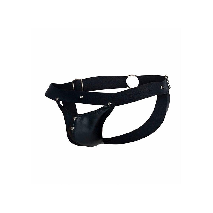 Detalhe da Jockstrap Sportsman Dngeon preta, mostrando o design em couro sintético e a bolsa de suporte.