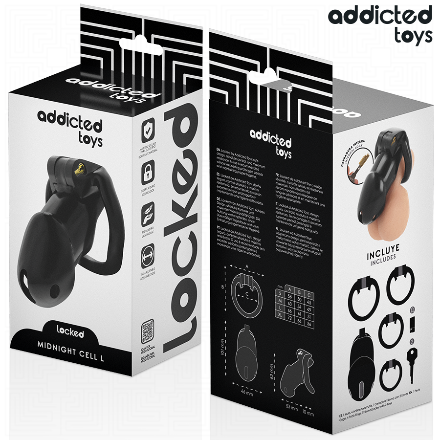 Gaiola peniana ADDICTED TOYS LOCKED Mindnight Cell para controlo e submissão, com anéis de ajuste e fechadura.