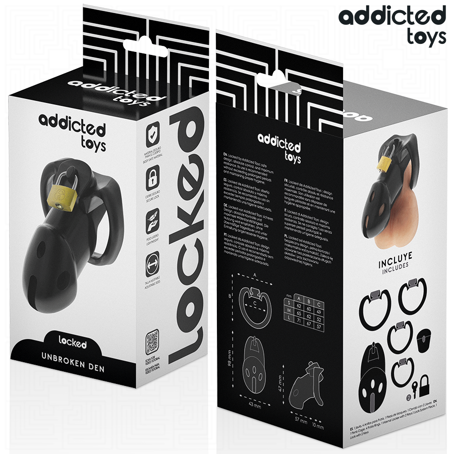 Gaiola de castidade ADDICTED TOYS LOCKED inquebrável, com anéis de diferentes tamanhos e cadeado simples.