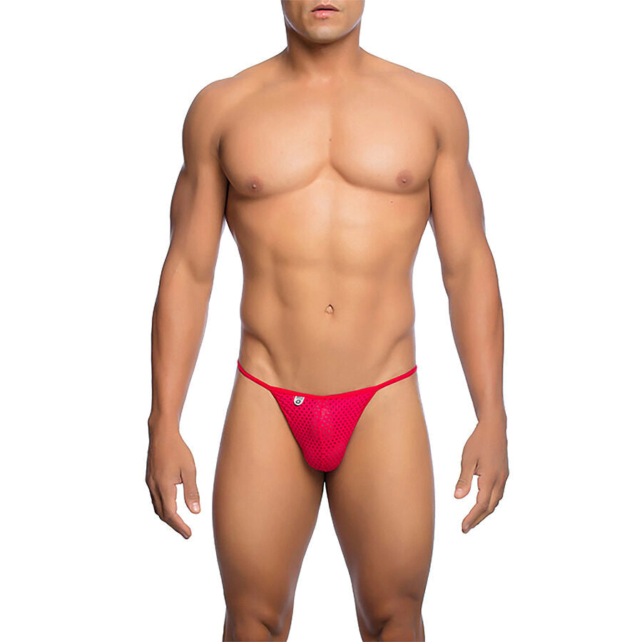 MaleBasics Fio Dental V-String em microfibra vermelha L/XL, com detalhe de suporte frontal.