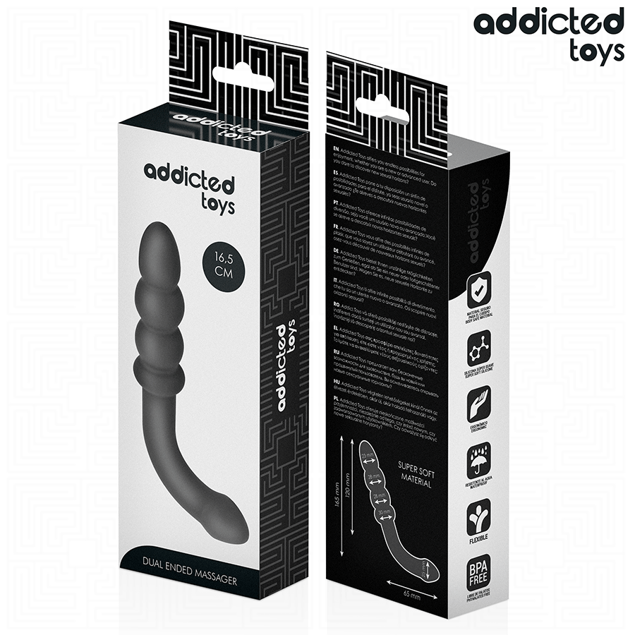 Close-up of the Addicted Toys 16.5cm Double Ended Massager, showing its progressive balls and medical-grade silicone texture.