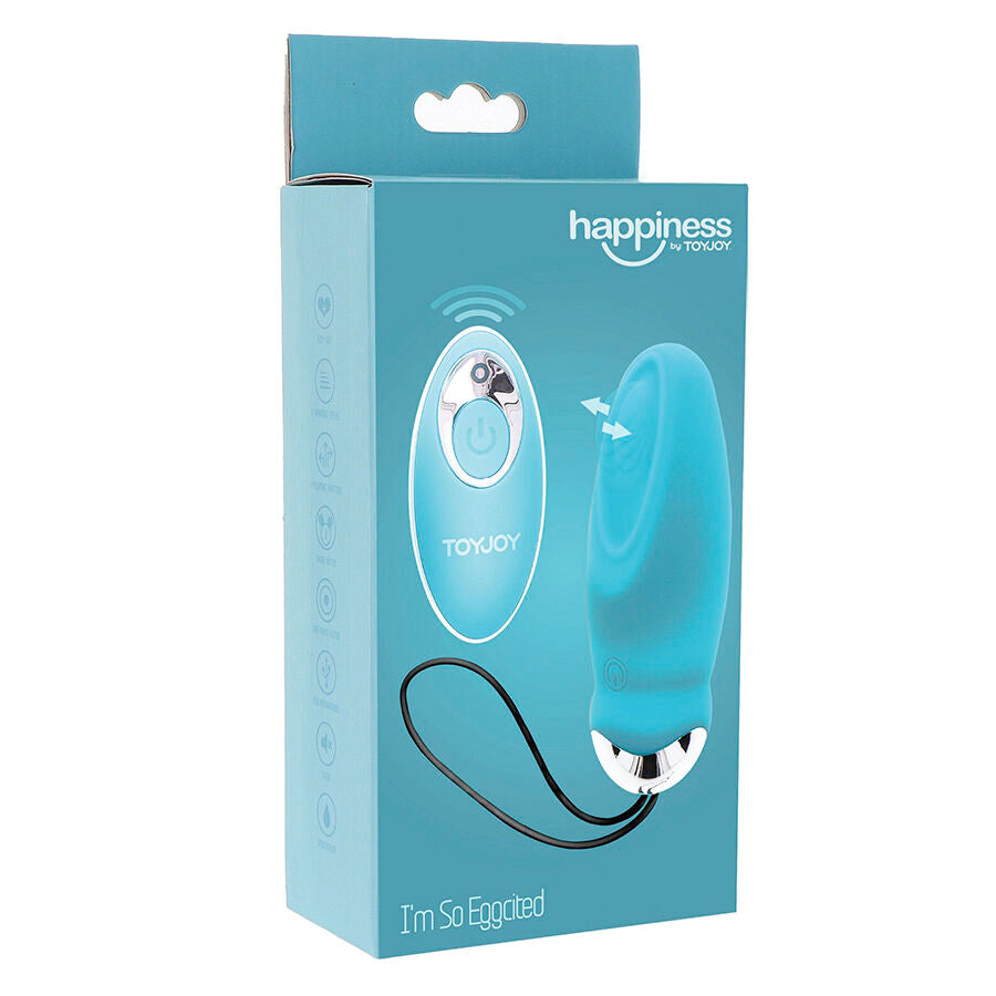 Vibrador Ovo I'm So Egg-cited da TOYJOY azul com controle remoto, mostrando o design compacto e material de silicone.