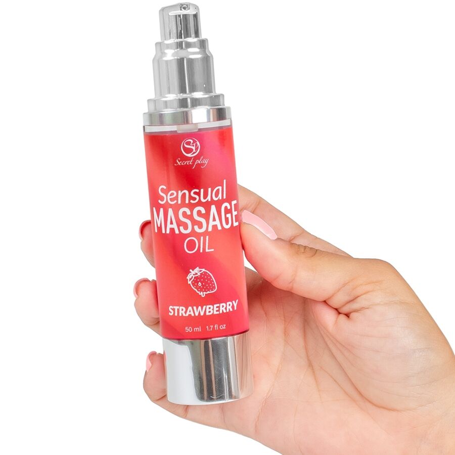 Frasco do Óleo de Massagem de Morango SECRETPLAY 50ml, ideal para massagens sensuais e relaxantes com aroma frutado.