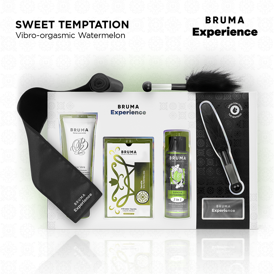 Imagem do BRUMA KIT Doce Tentação Melancia Vibro-Orgásmica, exibindo todos os componentes para uma experiência sensorial completa.