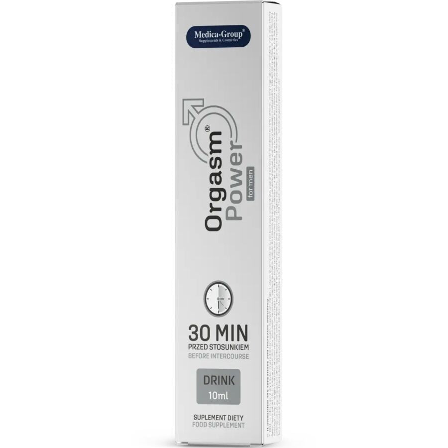 Garrafa de 10ml de MEDICA GROUP Orgasm Power For Men, suplemento para vitalidade masculina.