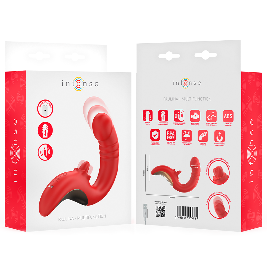 Vibrador e Estimulador Paulina U da Intense em vermelho, com design ergonômico para dupla estimulação do clitóris e ponto G.