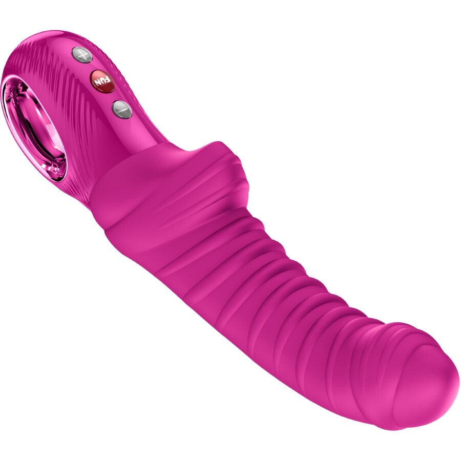Close-up do vibrador FUN FACTORY TIGER Ponto G Magenta com textura realista e design ergonómico.