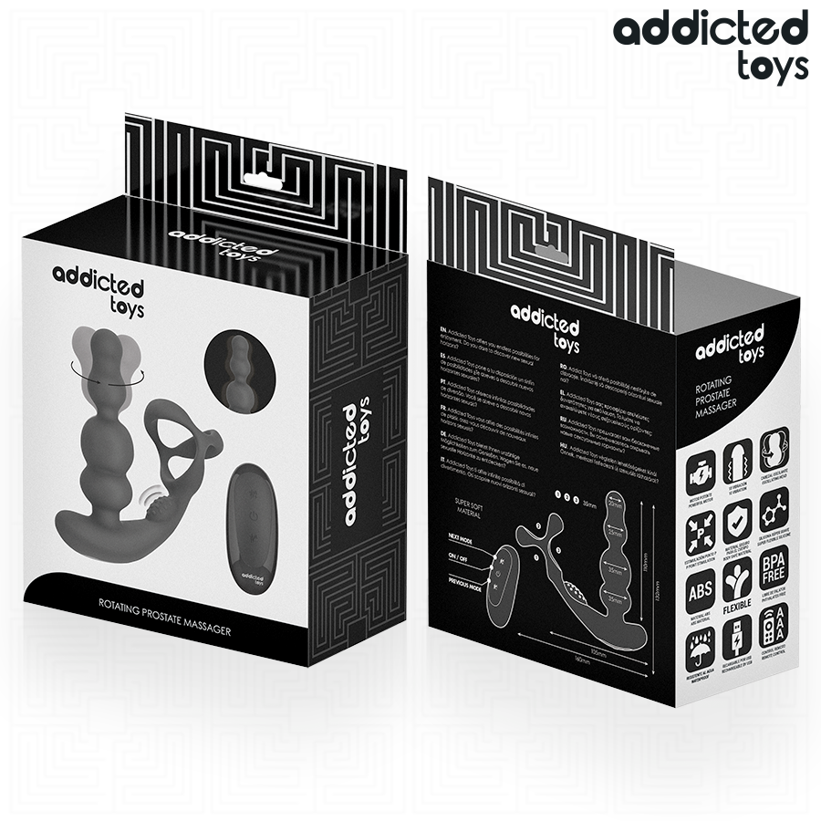 Close-up do Addicted Toys Massageador de Próstata Rotativo, destacando seu design ergonômico e controle remoto.