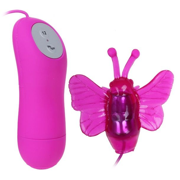 Vibrador estimulador borboleta PRETTY LOVE em silicone, cor lilás, com 12 modos de vibração e controlo com fio.