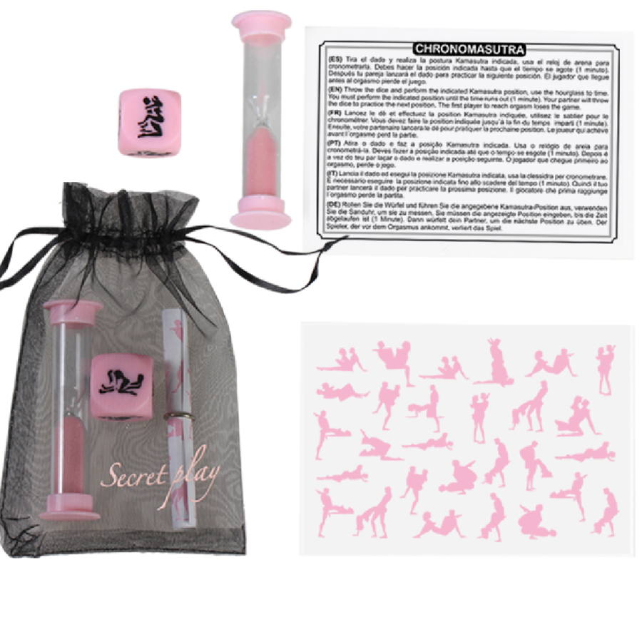 SECRETPLAY Kit Chronomasutra, um jogo erótico para casais com dado de posições e ampulheta.