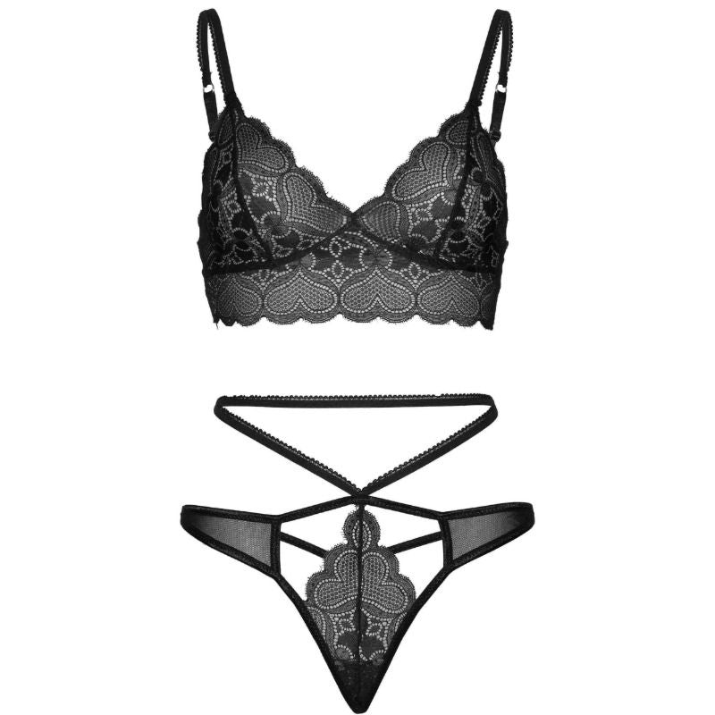 Conjunto de Lingerie LEG AVENUE de 2 peças em renda strappy cut preto S/M, mostrando detalhes do bralette e fio dental.