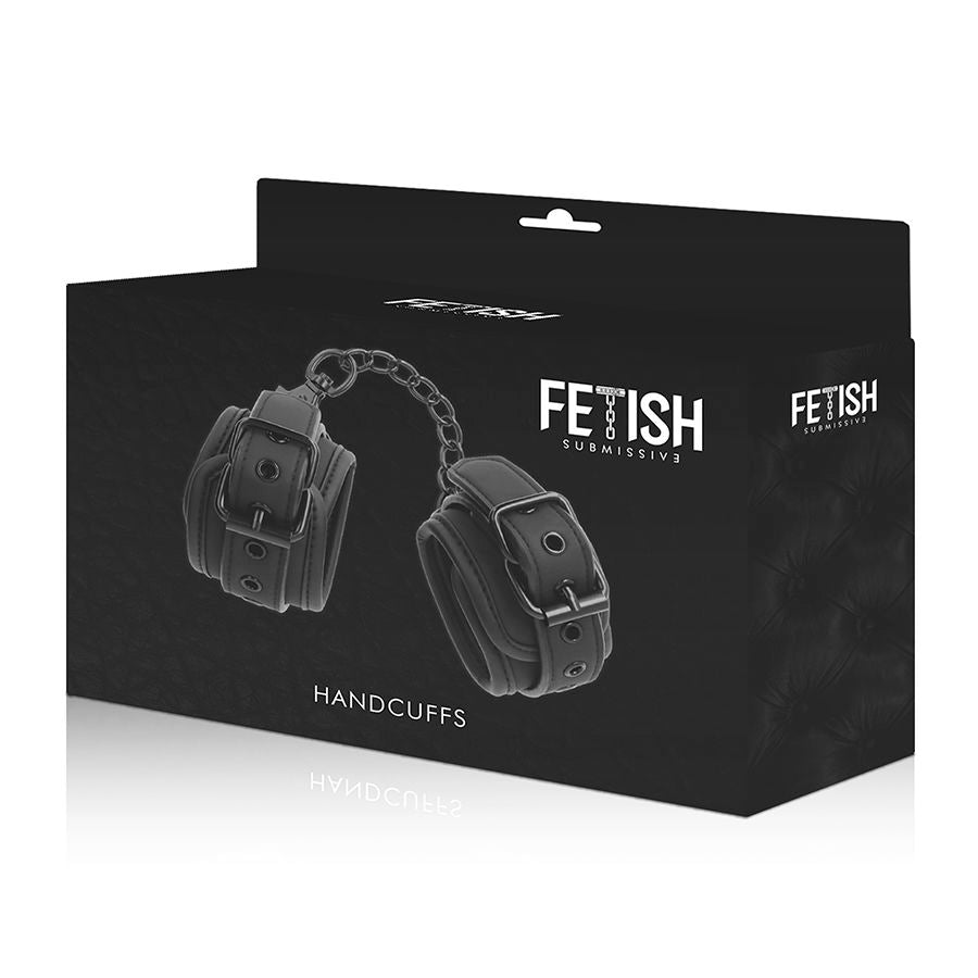 Close-up of the FETISH SUBMISSIVE Vegan Leather Cuffs with Neoprene Lining, ideal for BDSM and bondage, showcasing its texture and features.
