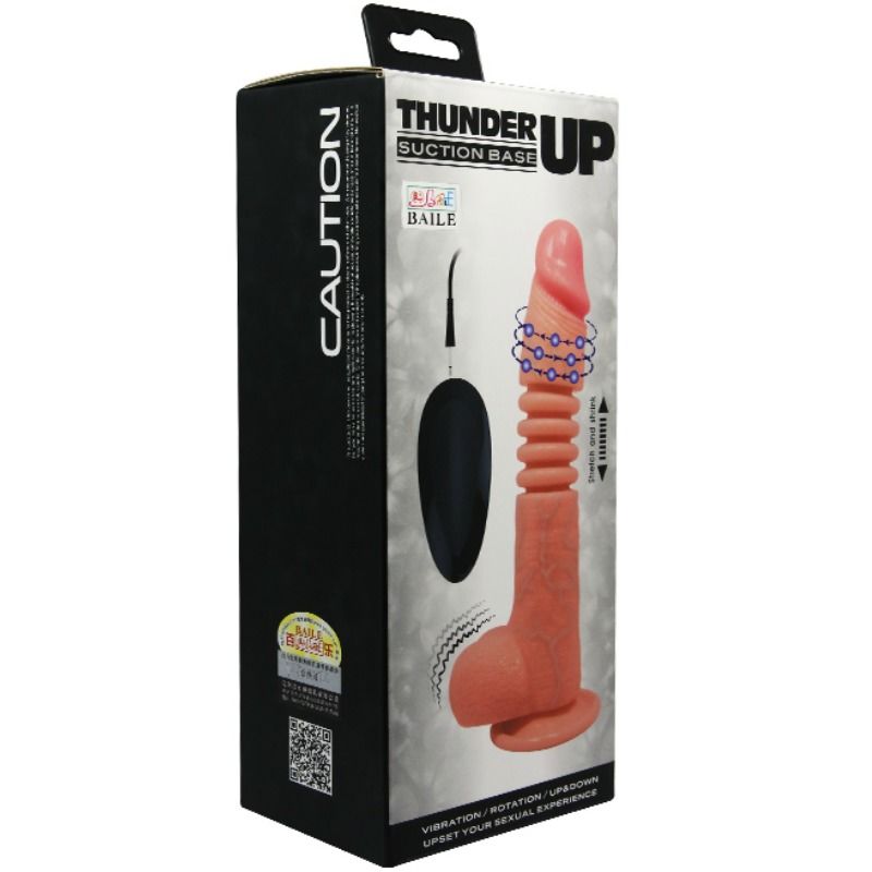 Close-up do vibrador multifunções BAILE Thunder Up, mostrando sua textura realista, veias e ventosa na base.