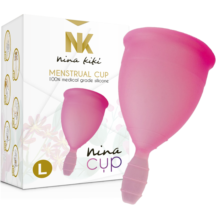 Copo Menstrual NINA KIKÍ Rosa, Tamanho L, para higiene íntima feminina.