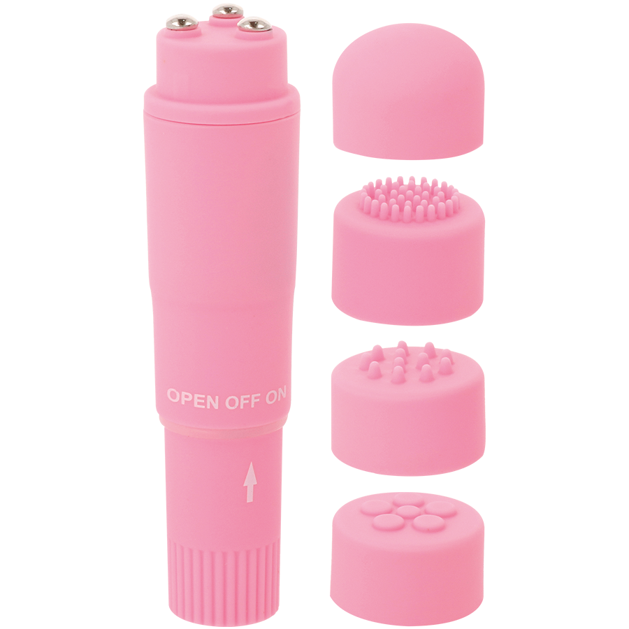 Close-up of the GLOSSY Mini Vibrador Kurt Rosa showing its compact design and interchangeable heads.