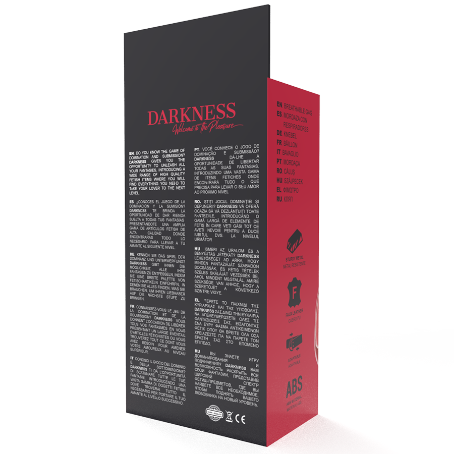 Detalhe da Mordaça Respirável Darkness em couro vermelho, mostrando as tiras ajustáveis e acabamento.