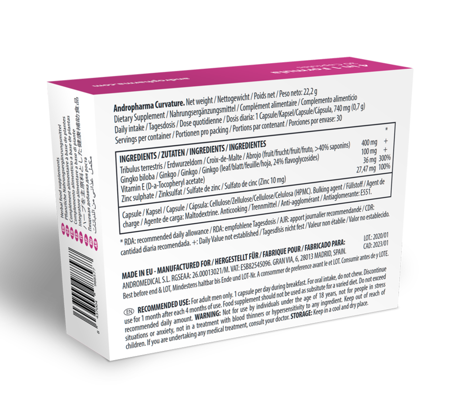 Embalagem do suplemento ANDROPHARMA para tratamento da curvatura de Peyronie, 30 cápsulas