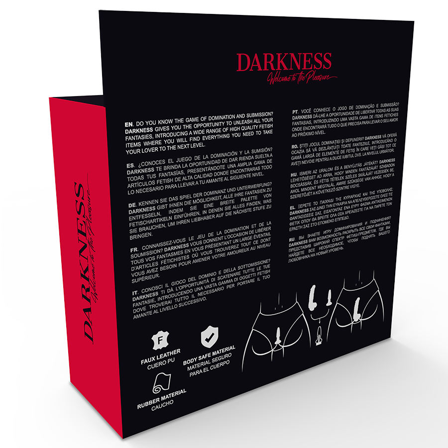 Darkness Calcinha de Couro PU com Plug e Vibrador Intercambiável, detalhe dos acessórios.