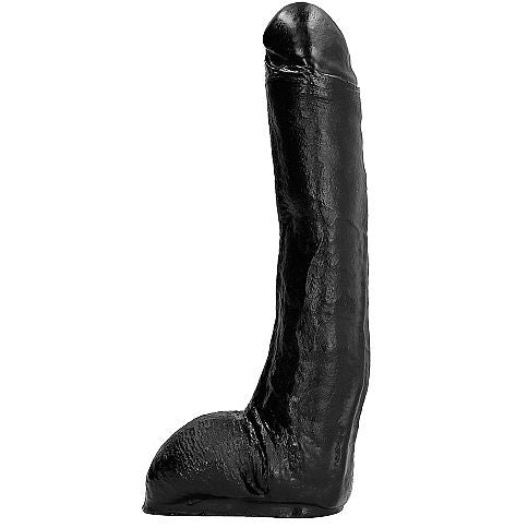 ALL BLACK Dildo Curvo Preto 29 CM, detalhe da sua forma realista e material flexível.