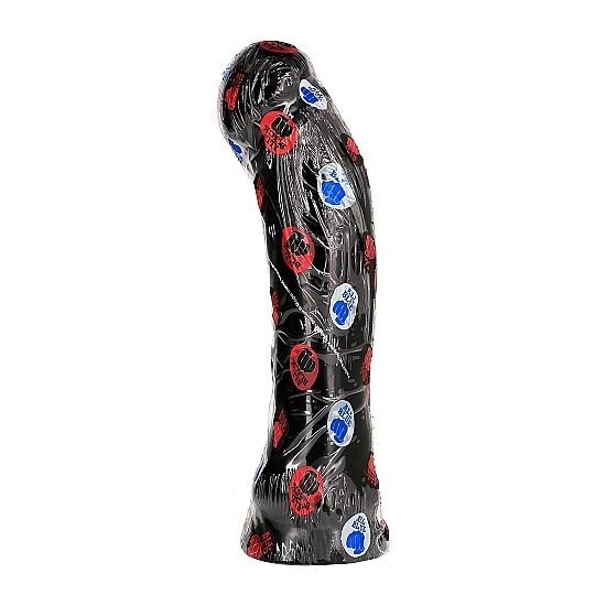 Close-up do Dildo Realista Extra Grande ALL BLACK 33 cm mostrando seu design elegante e tamanho imponente para uso dual.