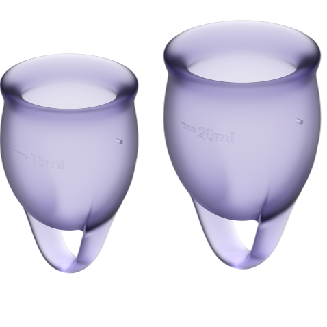 Copo Menstrual Satisfyer Feel Confident Roxo 15ml e 20ml, mostrando o design e o material de silicone médico.