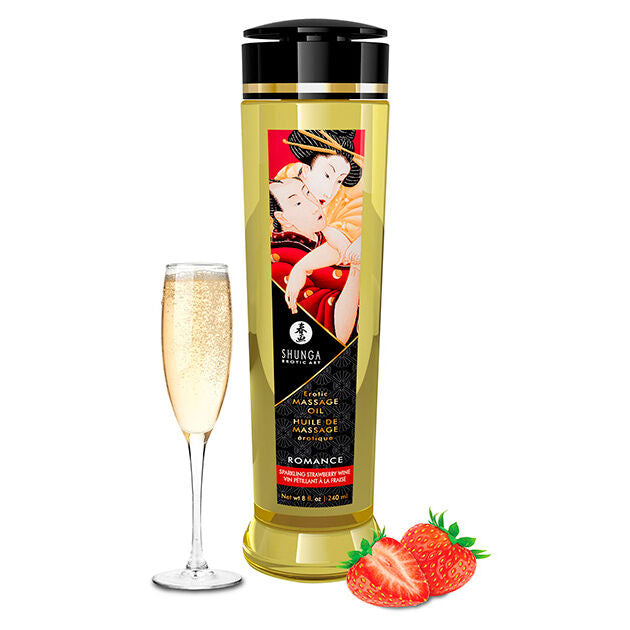 Frasco de SHUNGA Óleo de Massagem Romance Erótico Morangos & Cava 240ml, detalhe da embalagem e textura do óleo.