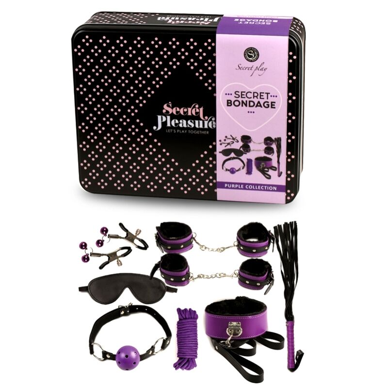 SECRETPLAY BDSM Set 8 Peças Roxo/Preto, mostrando todos os acessórios de bondage.
