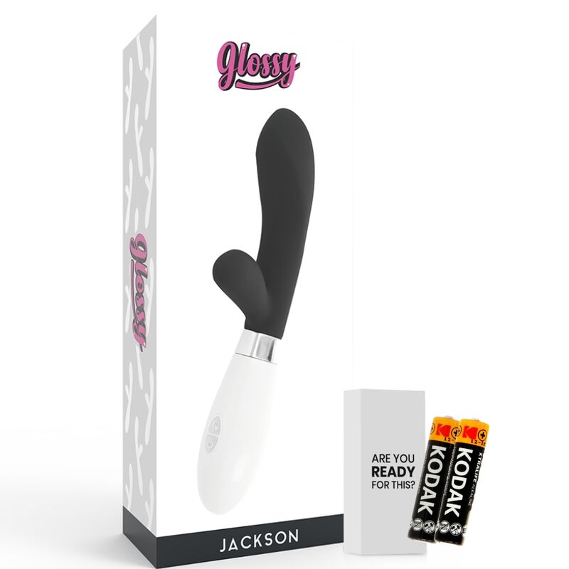Vibrador Glossy Jackson Coelho Preto de silicone com estimulador clitoriano e motor duplo