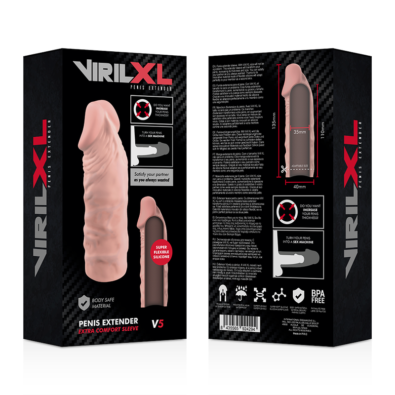 VIRILXL Manga para Pénis Extensão Silicone Líquido V5 - Vista detalhada do material e design para aumento de espessura.