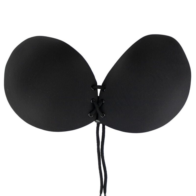 Sutiã Adesivo BYE-BRA Entrelaçamento Preto Copo A em detalhe, mostrando o fecho ajustável e o material.