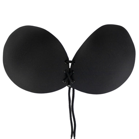 Sutiã Adesivo BYE-BRA Entrelaçamento Preto Copo A em detalhe, mostrando o fecho ajustável e o material.
