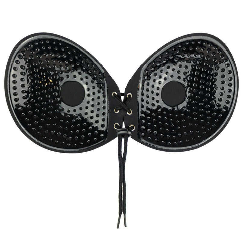 Sutiã Adesivo BYE-BRA Entrelaçamento Preto Copo A em detalhe, mostrando o fecho ajustável e o material.