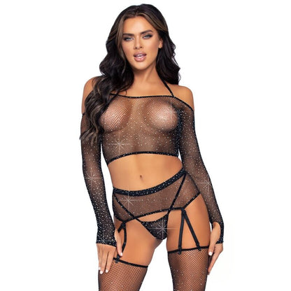 Detalhe do LEG AVENUE Conjunto Lingerie Arrastão Strass 4 Peças, realçando o design e os materiais.