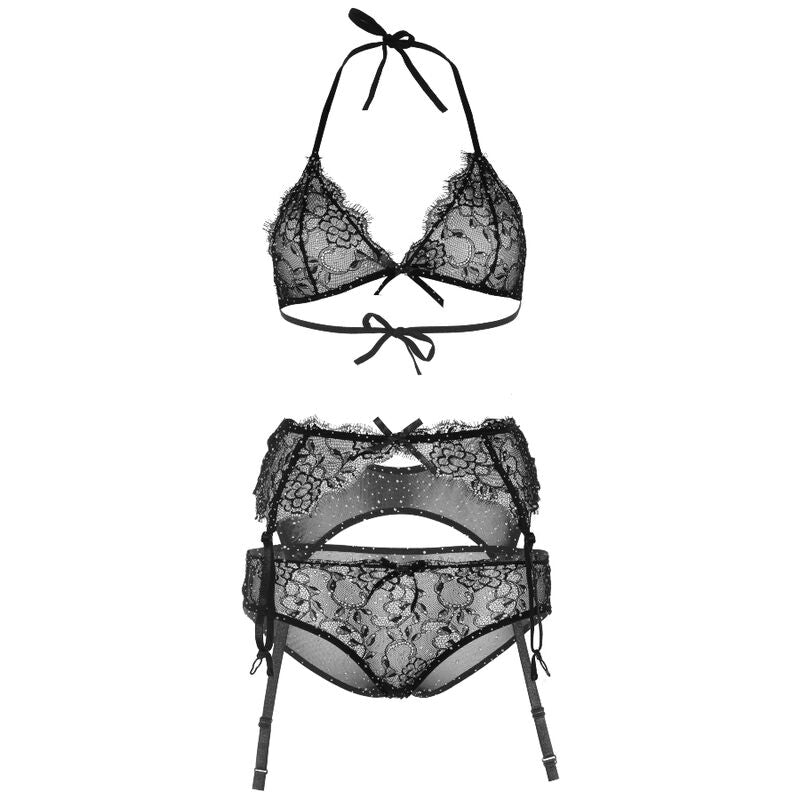 Close-up do Conjunto de Lingerie Leg Avenue 3 Peças Shinny M, mostrando a renda e os detalhes em strass.
