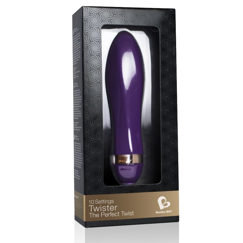 Close-up do Vibrador ROCKS-OFF Twister com 10 Modos de Vibração, mostrando seu design ergonómico e material de silicone aveludado.