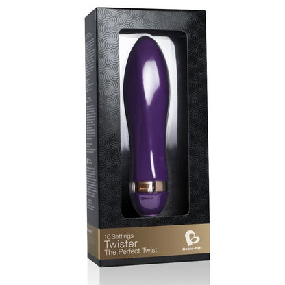 Close-up do Vibrador ROCKS-OFF Twister com 10 Modos de Vibração, mostrando seu design ergonómico e material de silicone aveludado.