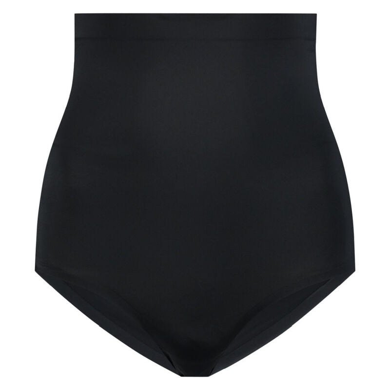 Calcinha modeladora BYE-BRA de cintura alta sem costura preta, detalhes do tecido e ajuste invisível.