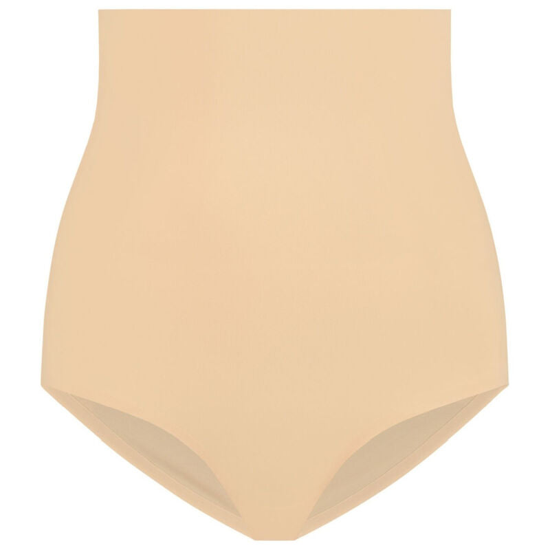 Calcinha modeladora BYE-BRA de cintura alta sem costura preta, detalhes do tecido e ajuste invisível.