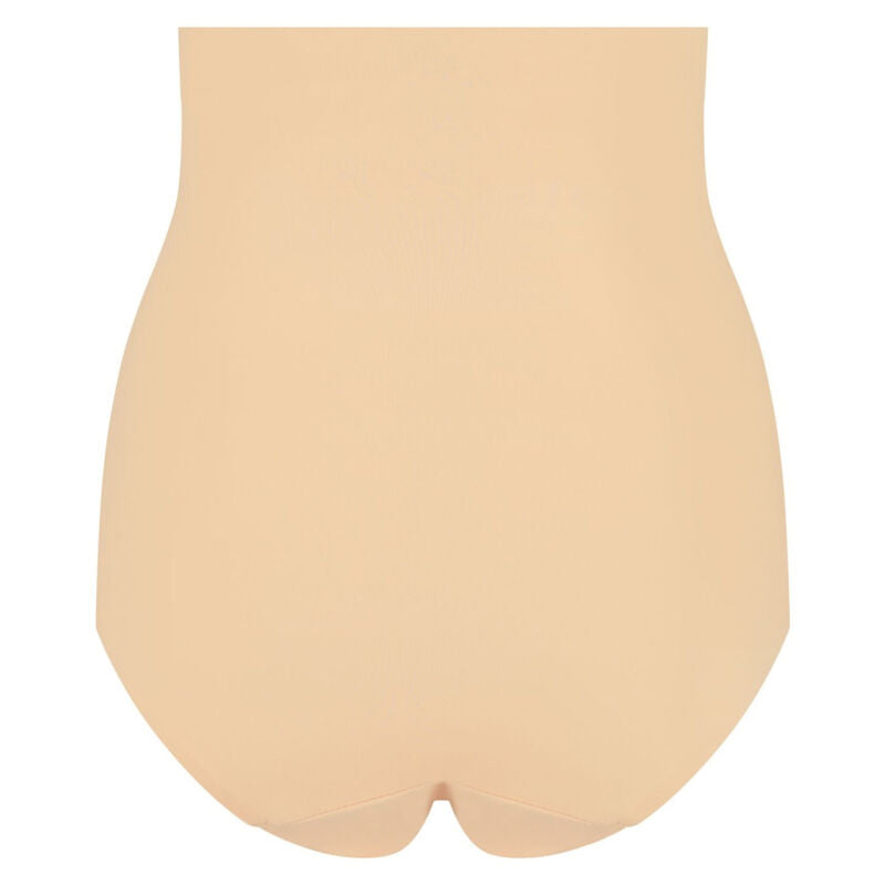 Calcinha modeladora BYE-BRA de cintura alta sem costura preta, detalhes do tecido e ajuste invisível.