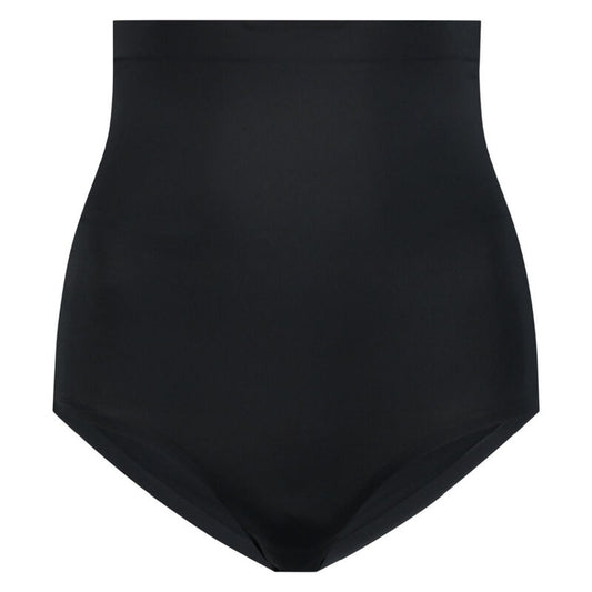 Calcinha modeladora BYE-BRA de cintura alta sem costura preta, detalhes do tecido e ajuste invisível.