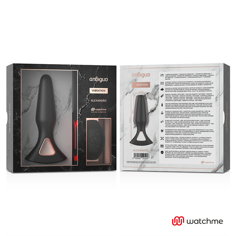 Detalhe do Vibrador Anal Plug ANBIGUO Alexandru com Controle Remoto WATCHME, mostrando seu design ergonómico e suave.