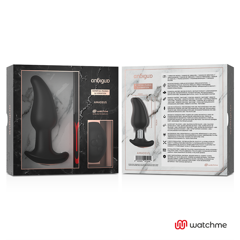 Vibrador Plug Anal ANBIGUO Amadeus com pérolas rotativas e controle remoto WatchMe