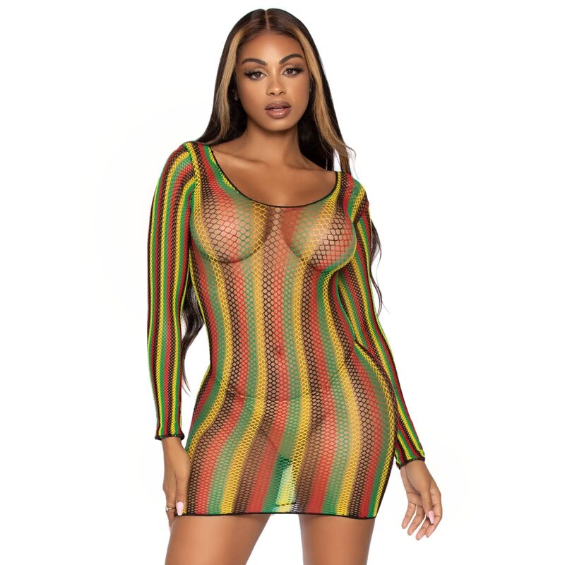 Mini Vestido Rasta Tamanho Único Leg Avenue, exibindo o design vibrante e o tecido elástico.