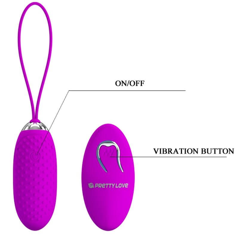 Close-up do Ovo Vibratório Joanna PRETTY LOVE com Controle Remoto, destacando seu design em silicone e o comando à distância.