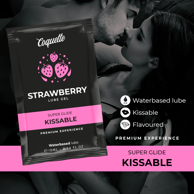 Embalagem do Coquette Chic Desire Lubrificante Beijável Base Água Sabor Morango 10 ML