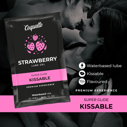 Embalagem do Coquette Chic Desire Lubrificante Beijável Base Água Sabor Morango 10 ML