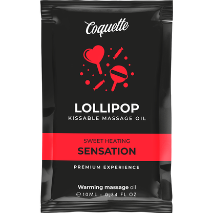 COQUETTE CHIC DESIRE Óleo de Massagem Beijável Efeito Calor Pirulito 10ml, para massagens sensuais e íntimas.